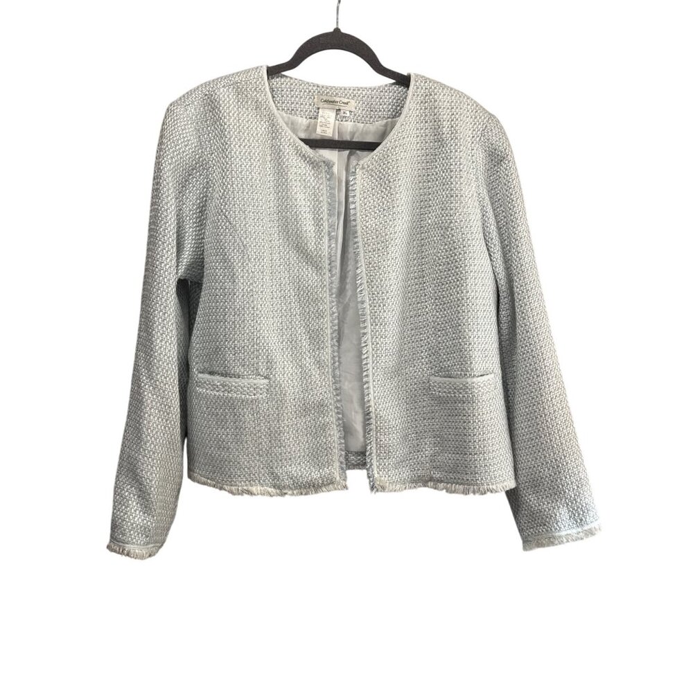 Coldwater Creek XL Womens Light Blue Tweed Open Front Lady Jacket  Fringe Detail